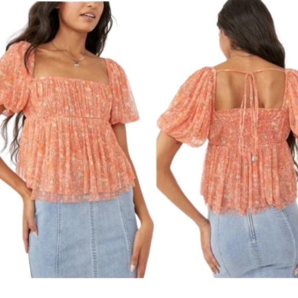 NWT Free People Penelope Peach Blouse Puff sleeve sz M - Picture 8 of 8